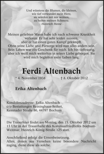 Traueranzeige von Ferdi Altenbach von Tageszeitung